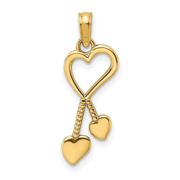 14k Yellow Gold Polished Heart w/ Double Heart Tassle Charm